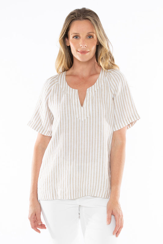 Women's Metallic Stripe Top in Brown and White