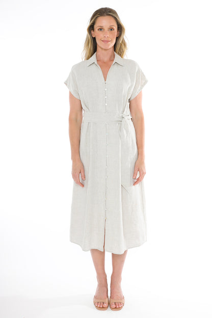 Women's Short Sleeve Belted Linen Dress in Brown