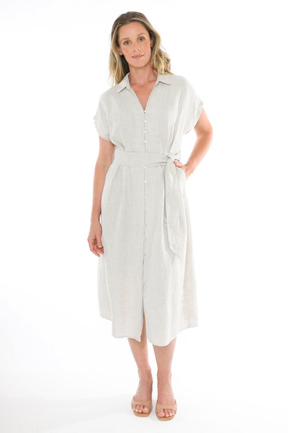 Women's Short Sleeve Belted Linen Dress in Brown