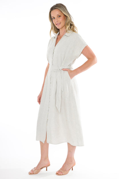 Women's Short Sleeve Belted Linen Dress in Brown