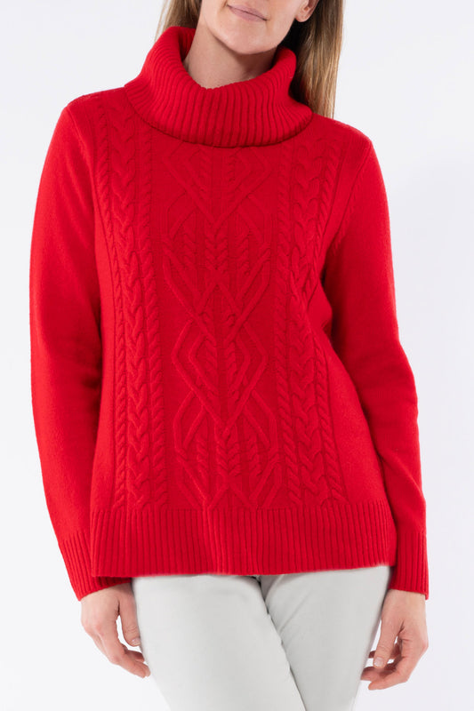 Cowl Neck Cable Pullover Red