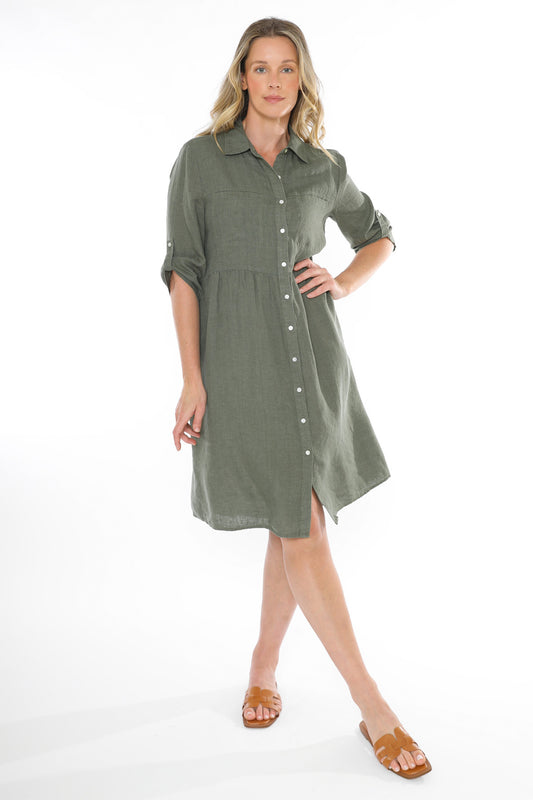 Women's Two Pocket Linen Dress in Green