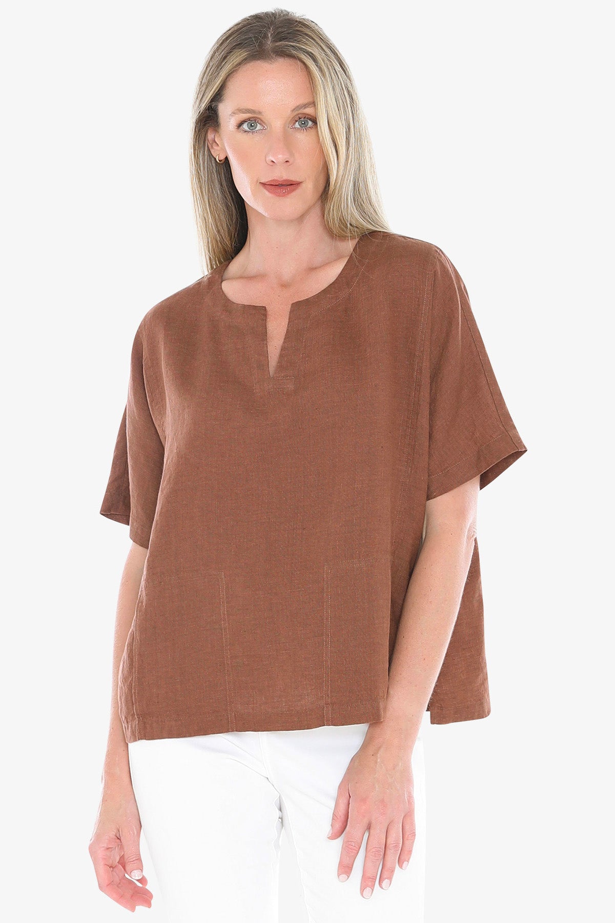 Womens 2 Pocket Linen Top Brown 596j3160a