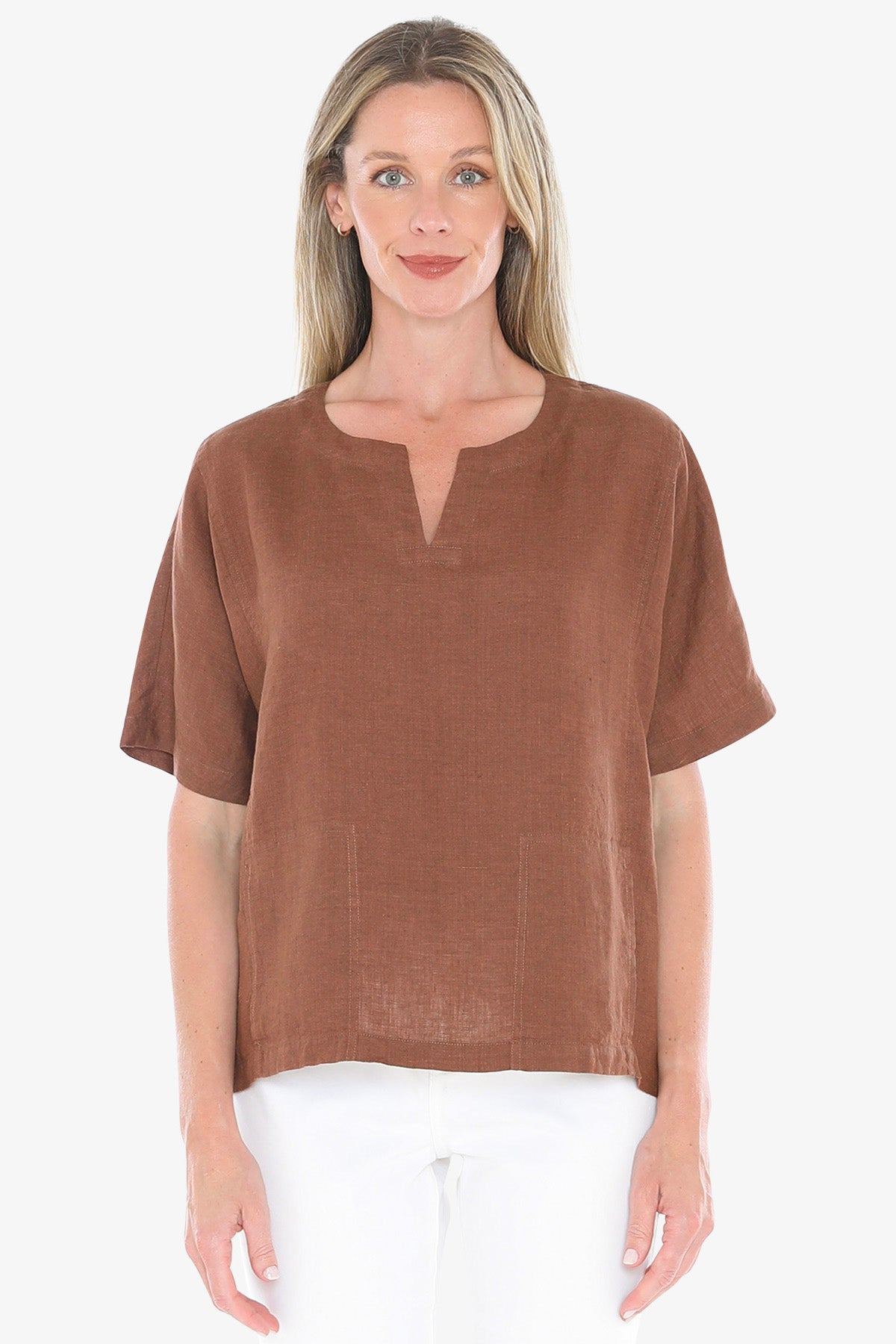 Womens 2 Pocket Linen Top Brown 596j3160a