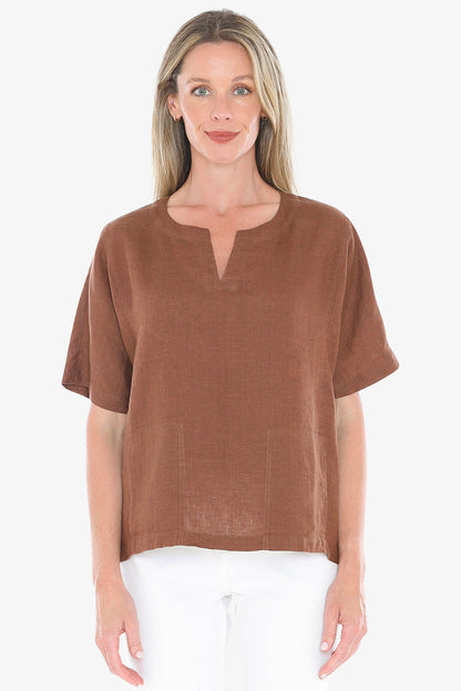 Womens 2 Pocket Linen Top Brown 596j3160a