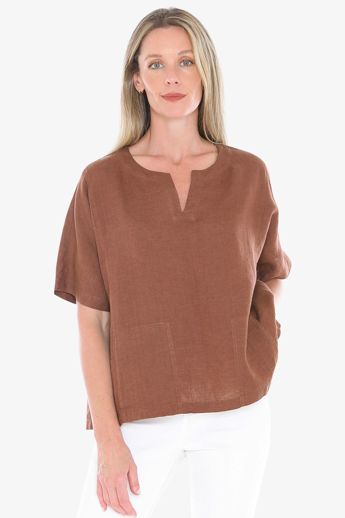 Womens 2 Pocket Linen Top Brown 596j3160a