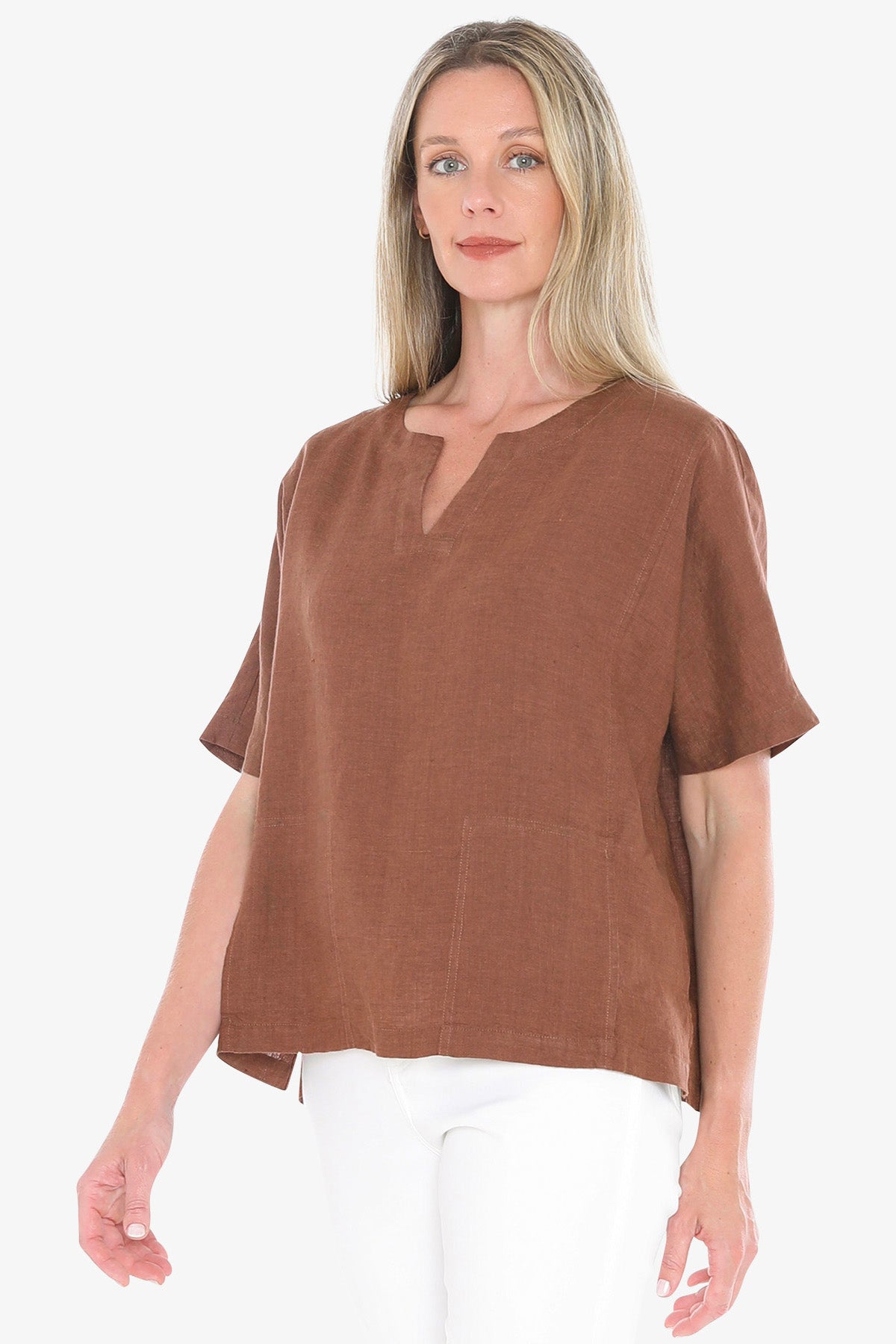 Womens 2 Pocket Linen Top Brown 596j3160a