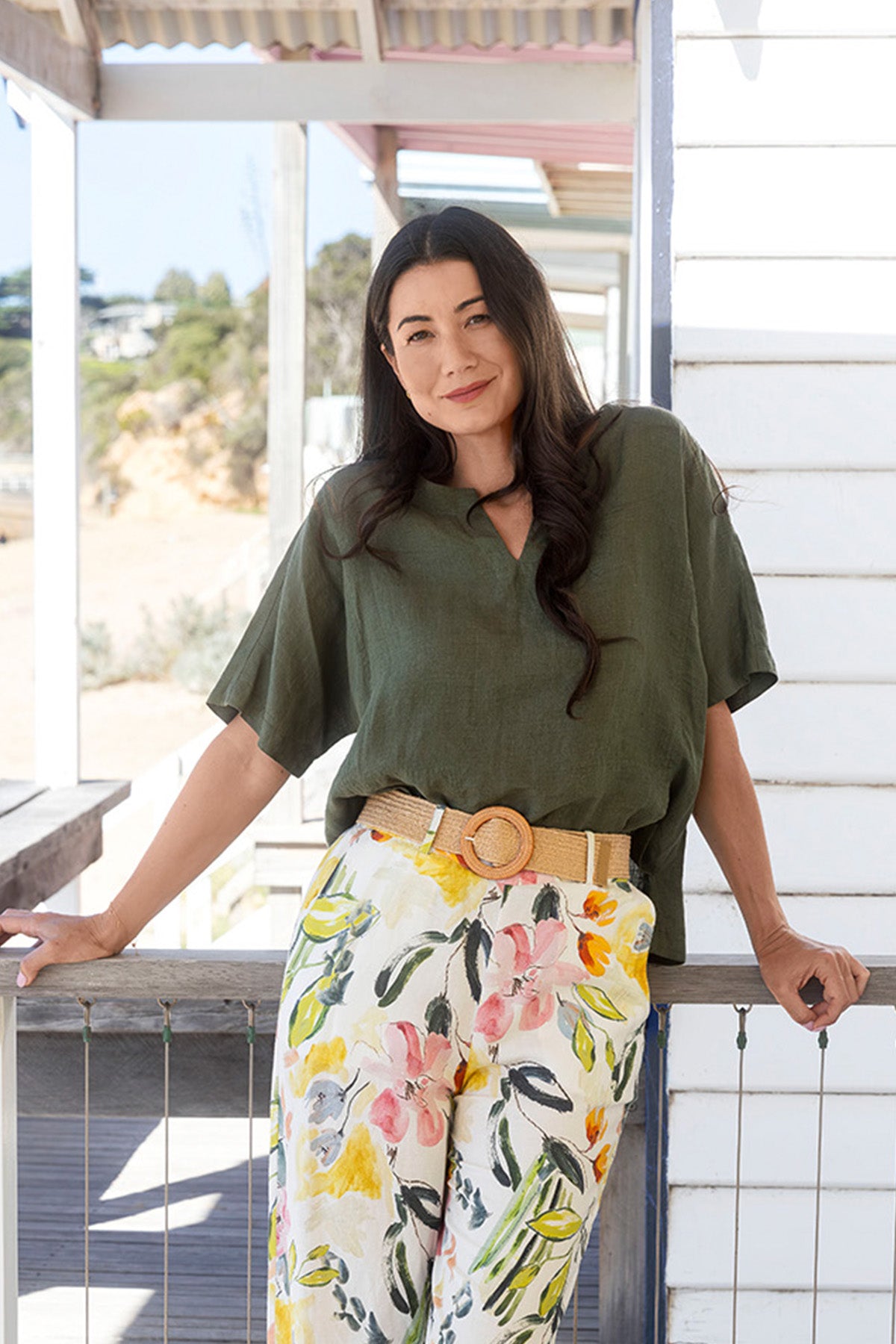 Womens 2 Pocket Linen Top Green 596j3160a