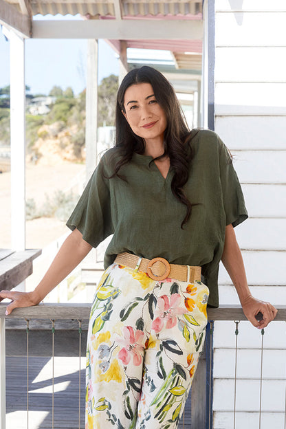 Womens 2 Pocket Linen Top Green 596j3160a