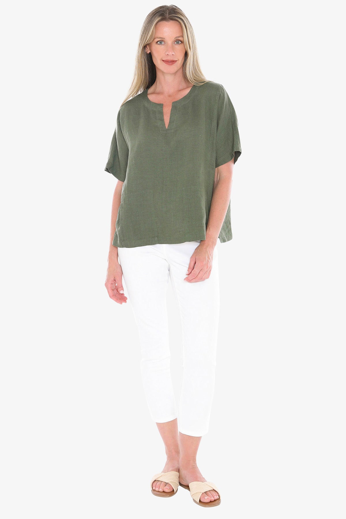 Womens 2 Pocket Linen Top Green 596j3160a