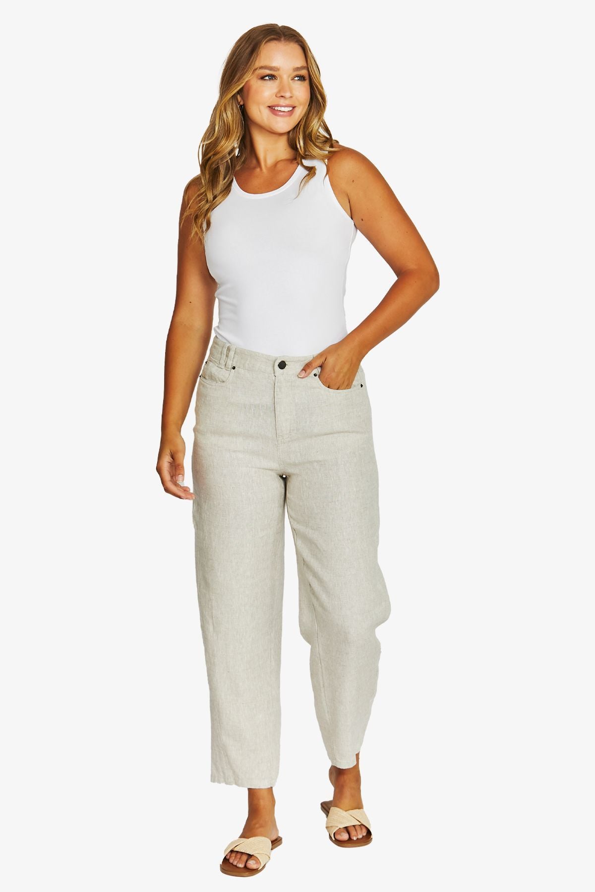 Womens Barrel Leg Linen Jean Beige 616j7103a