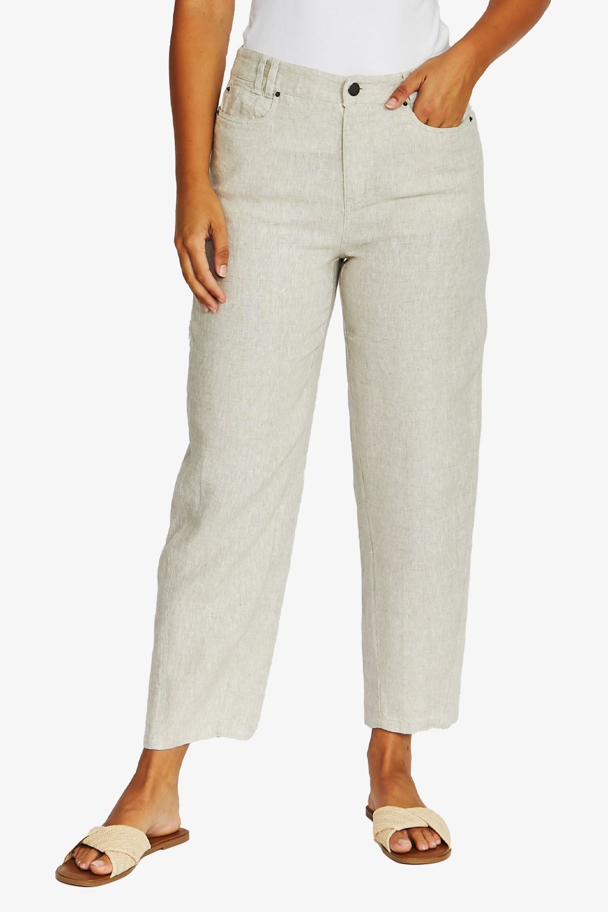 Womens Barrel Leg Linen Jean Beige 616j7103a