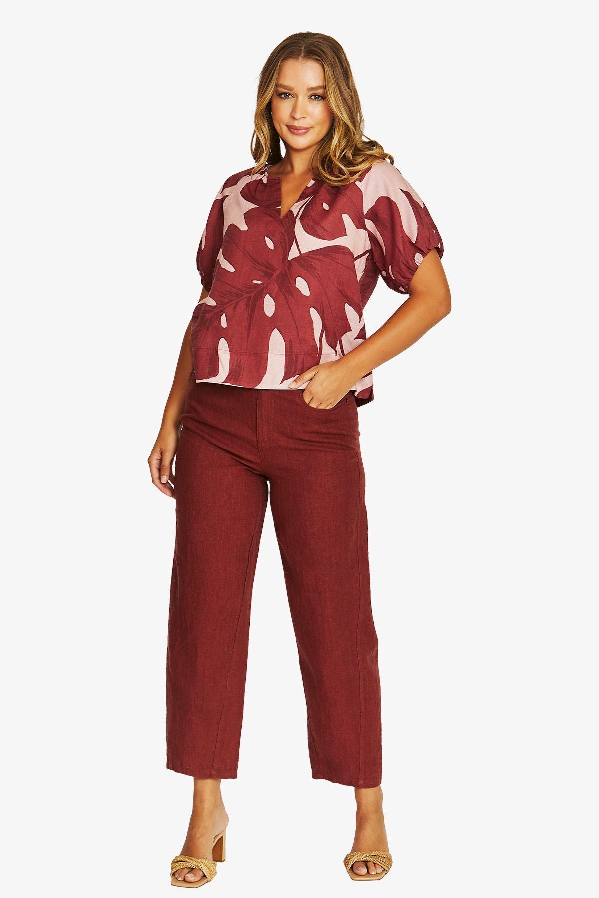 Womens Barrel Leg Linen Jean Red 616j7103a
