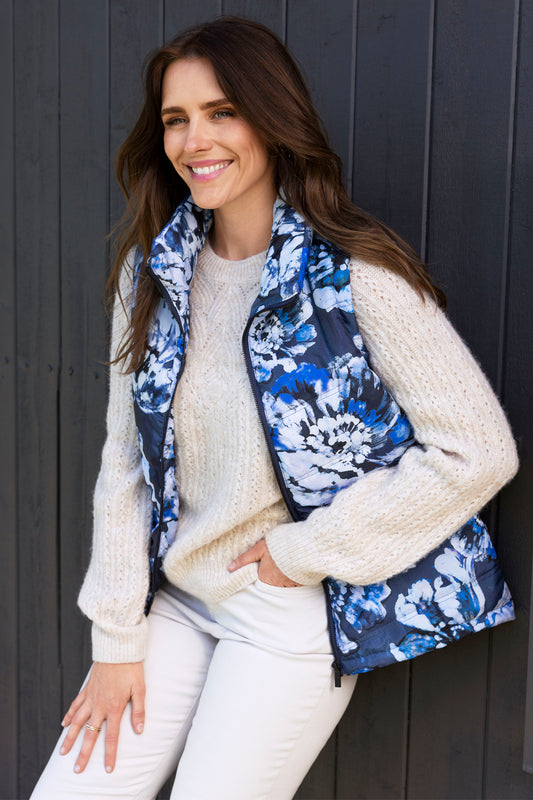 Blue Bloom Puffer Vest in Multi