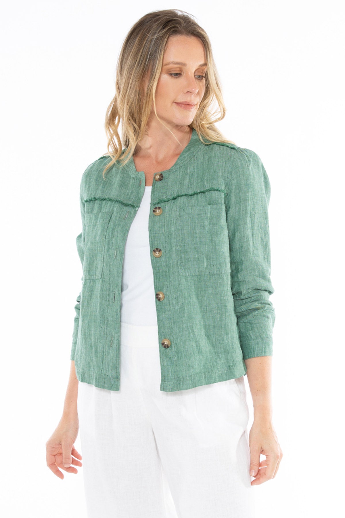 Women's Boxy Linen Jacket in Green