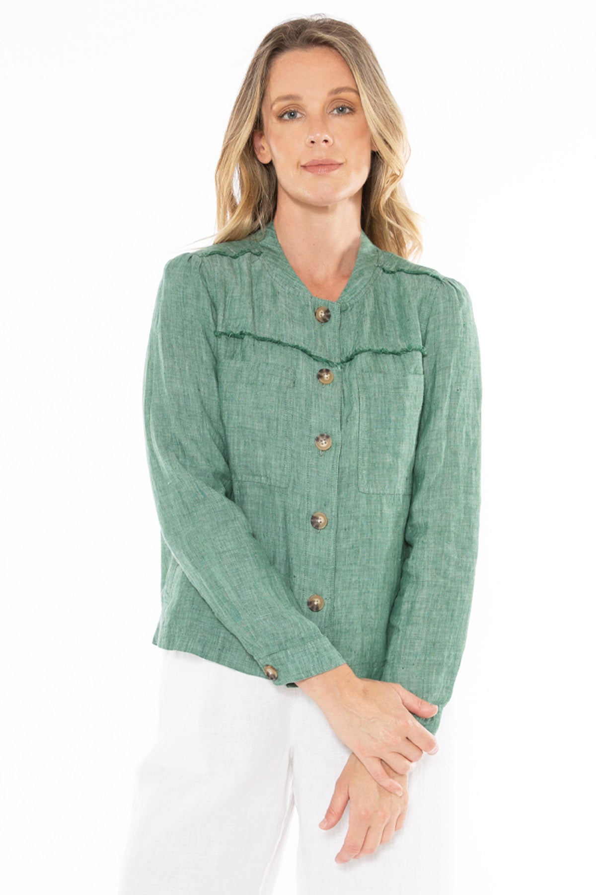 Women's Boxy Linen Jacket in Green