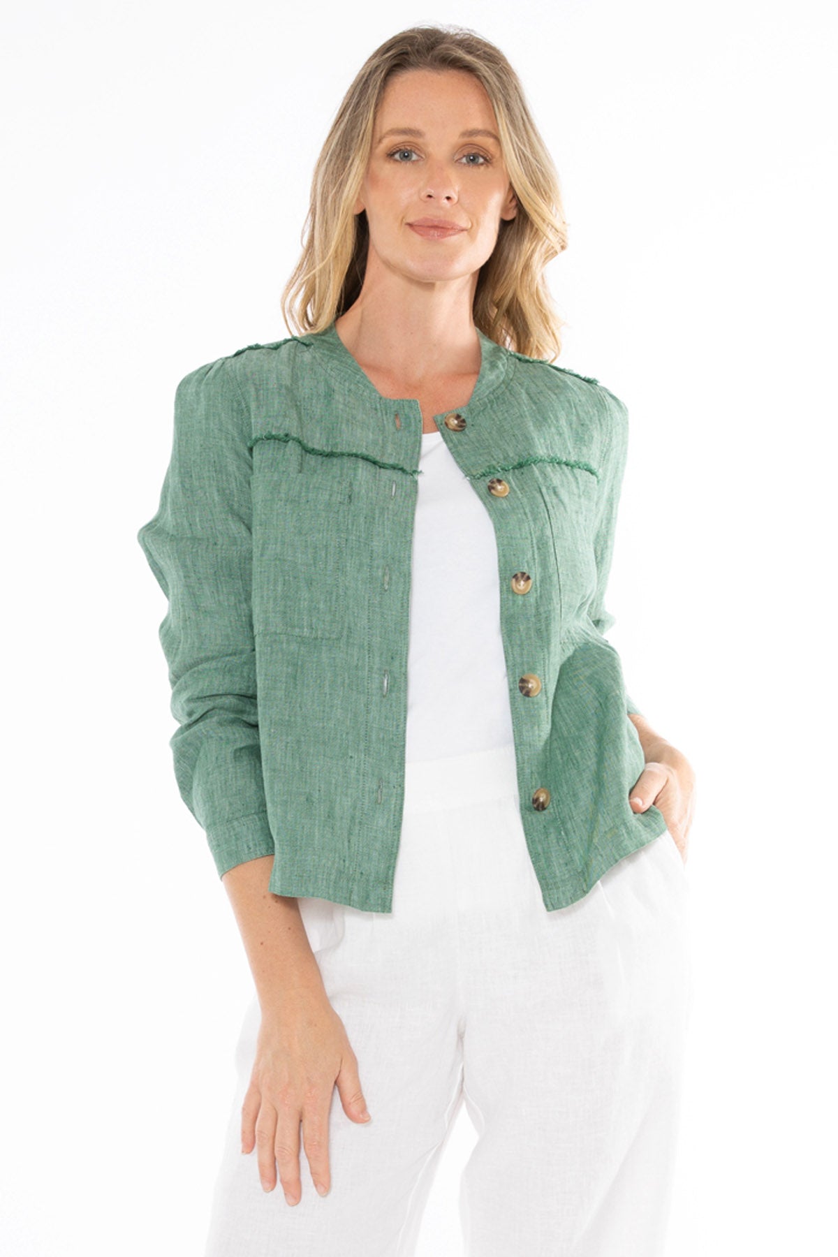 Women's Boxy Linen Jacket in Green