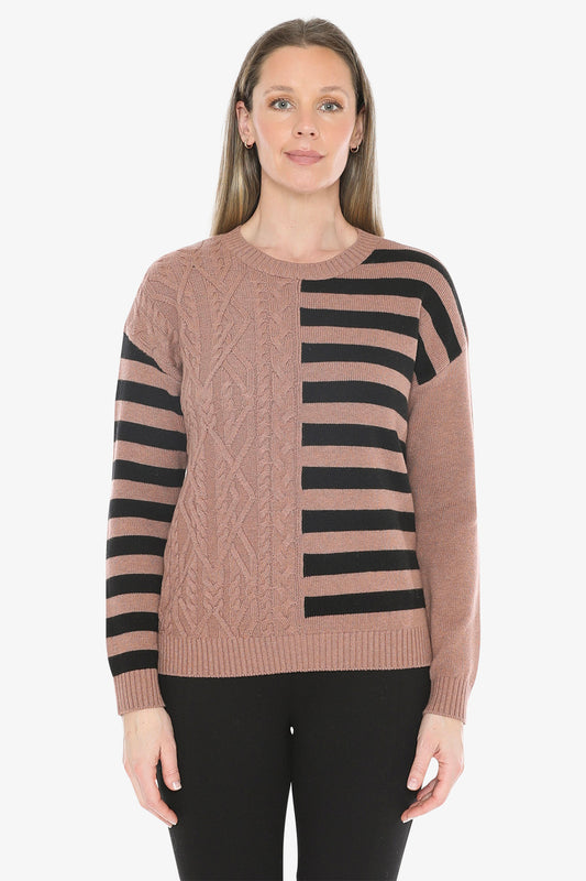 Cable Striped Pullover in Clay Combo