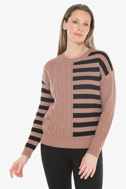 Cable Striped Pullover in Clay Combo