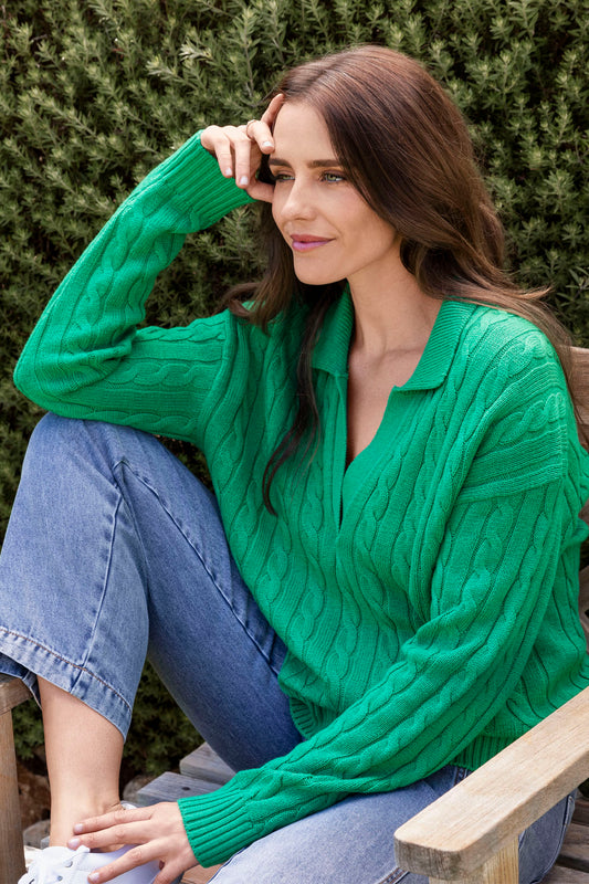 Collared Cable Pullover in Kelly Green