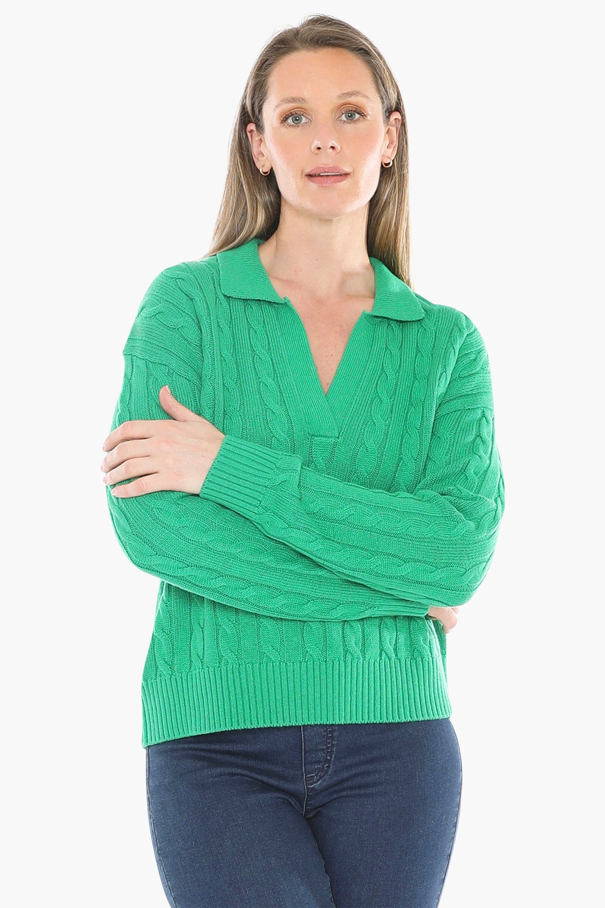 Collared Cable Pullover in Kelly Green