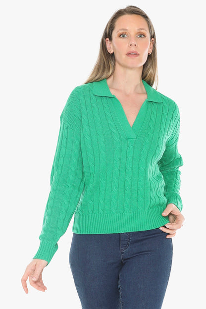 Collared Cable Pullover in Kelly Green