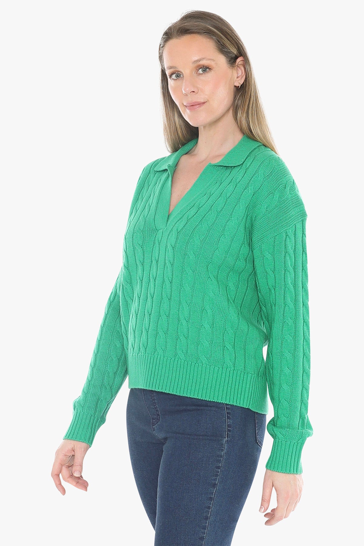 Womens Collared Cable Pullover Green 58611031a