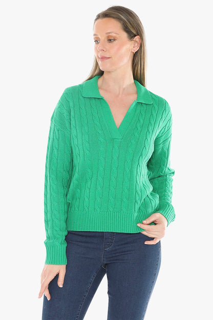 Collared Cable Pullover in Kelly Green