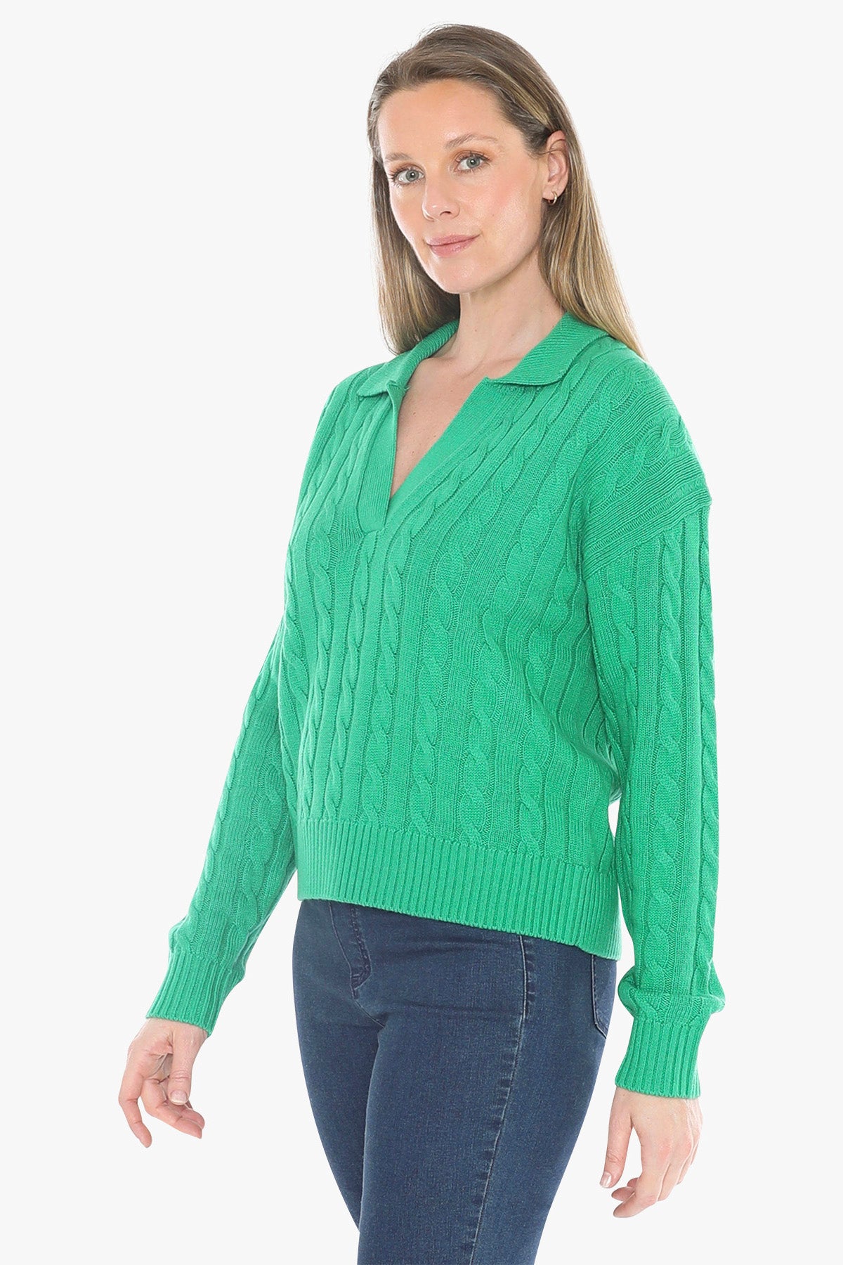 Collared Cable Pullover in Kelly Green