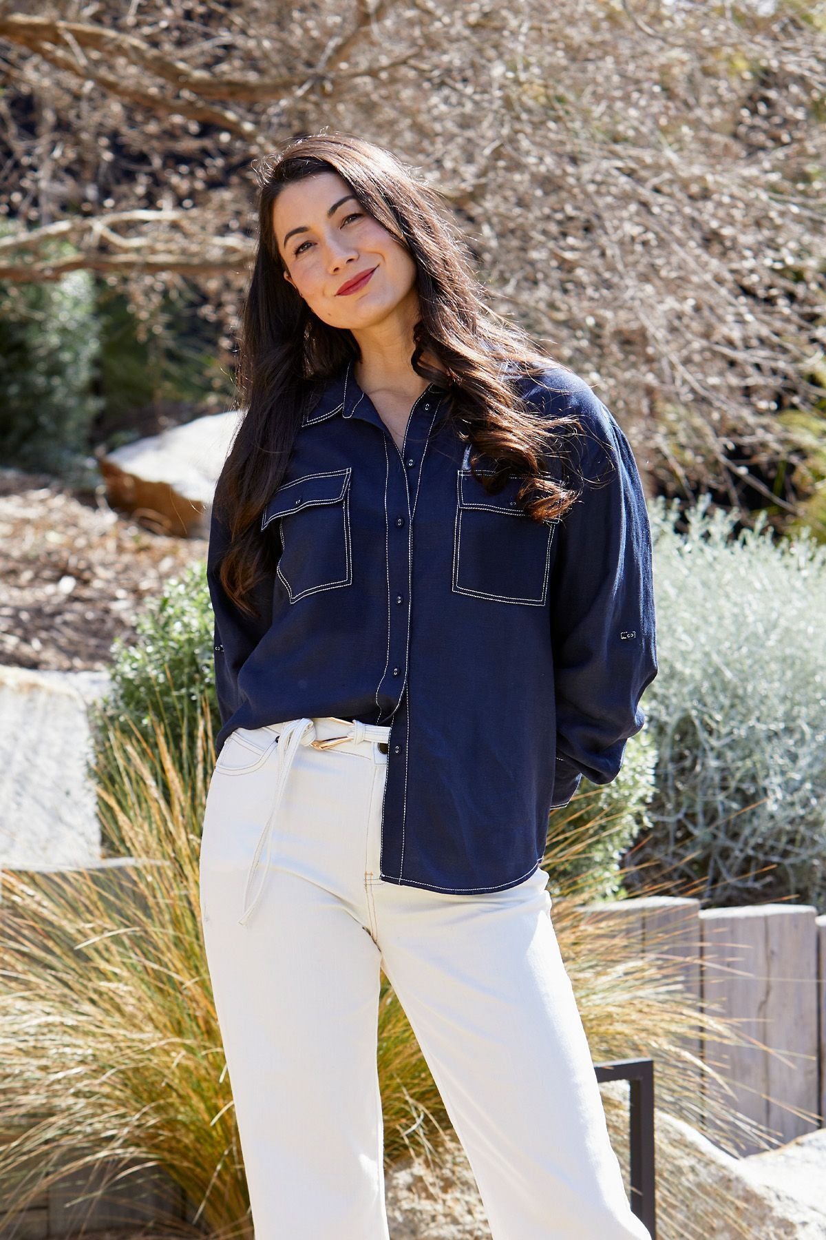 Womens Contrast Stitch Shirt Blue 606j3077a