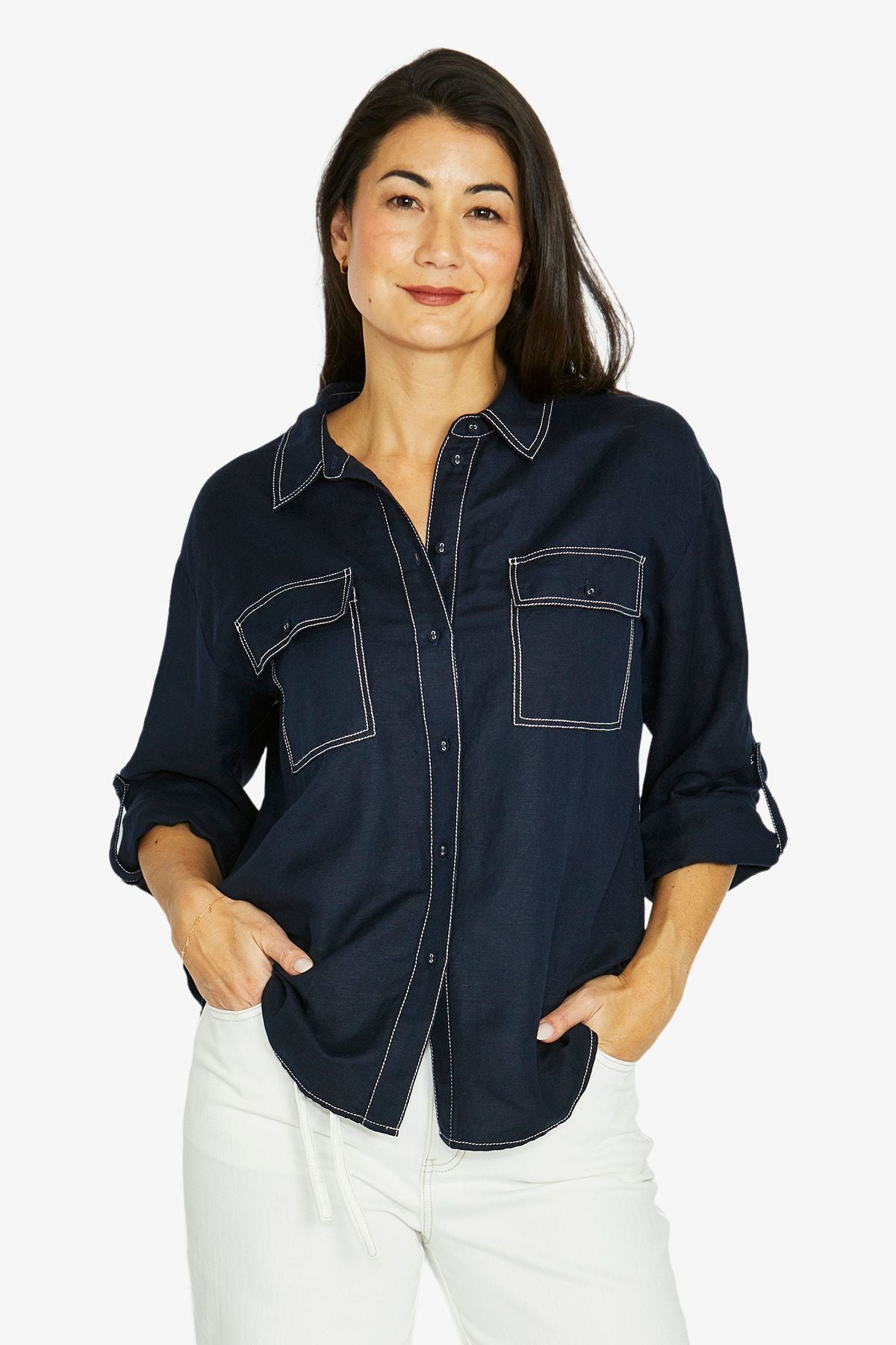 Womens contrast stitch shirt blue 606j3077a
