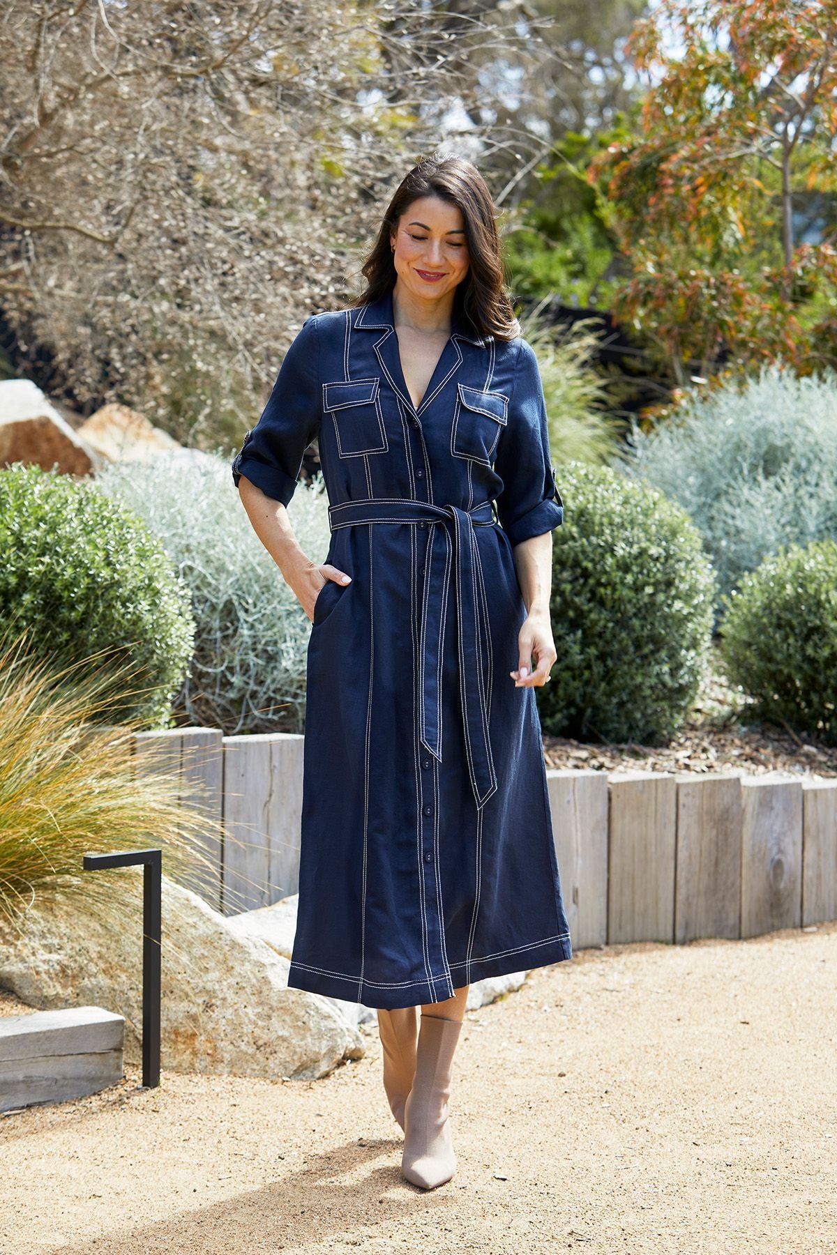 Womens Contrast Stitch Tie Dress Navy 606j5076a