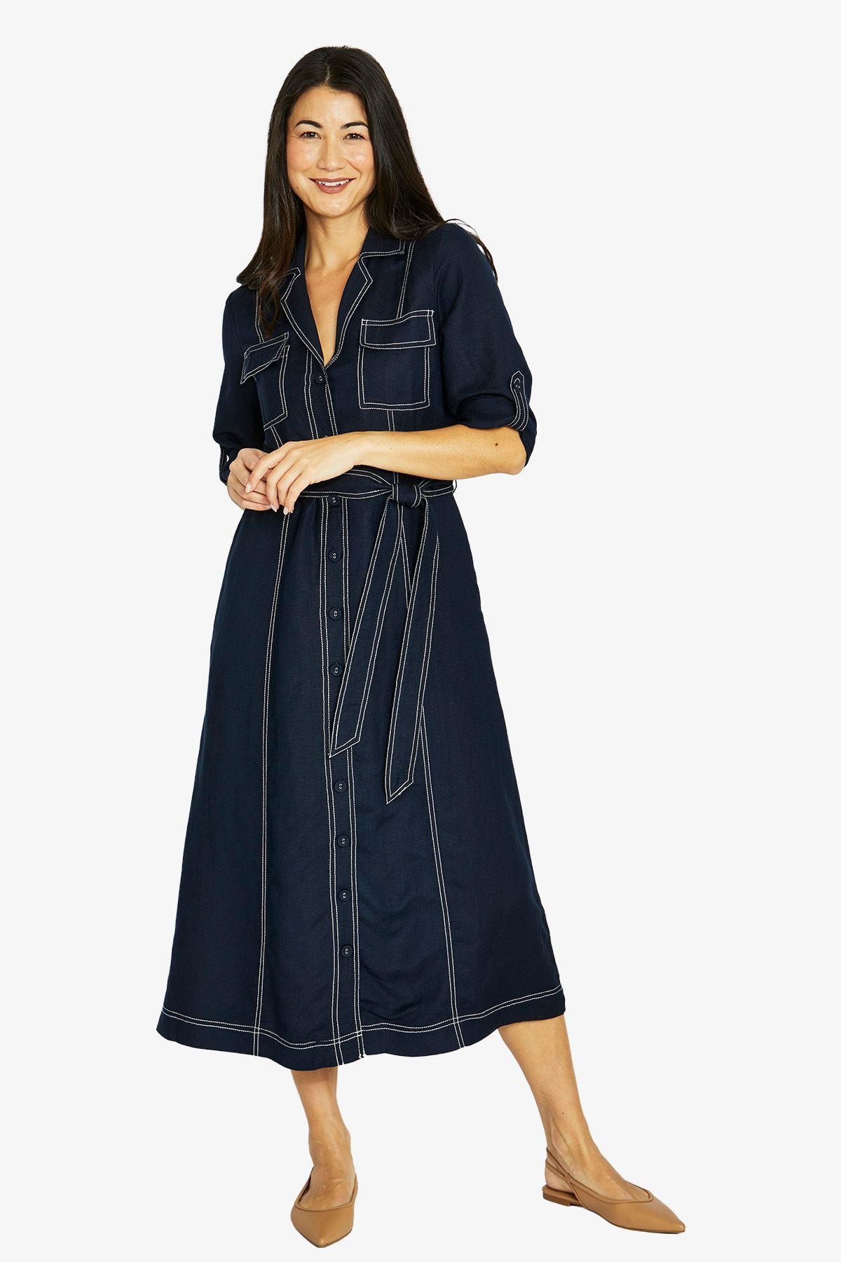 Womens Contrast Stitch Tie Dress Navy 606j5076a