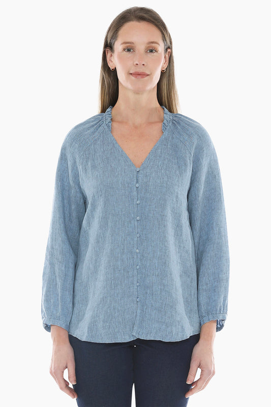 Crossdye Linen Top in Mid Blue C/D