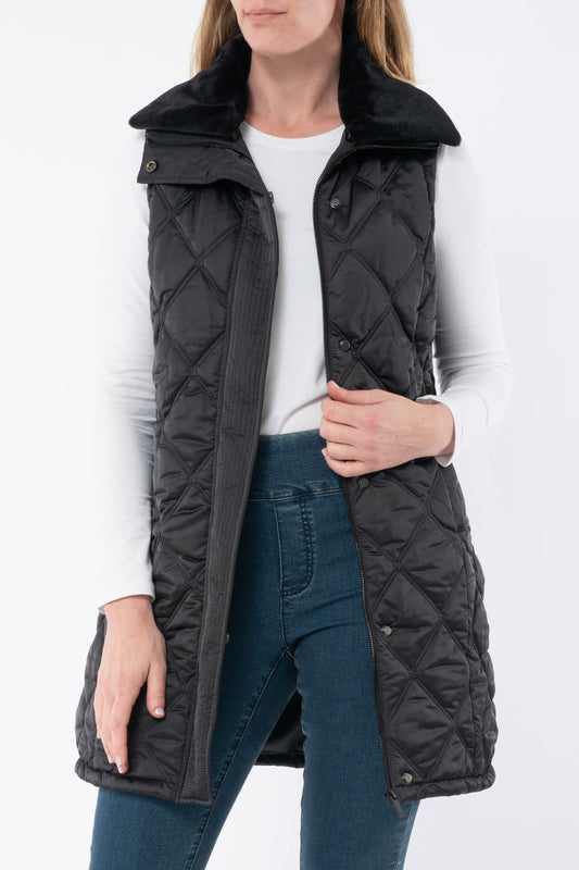 Women's Fur Trim Long Vest Black