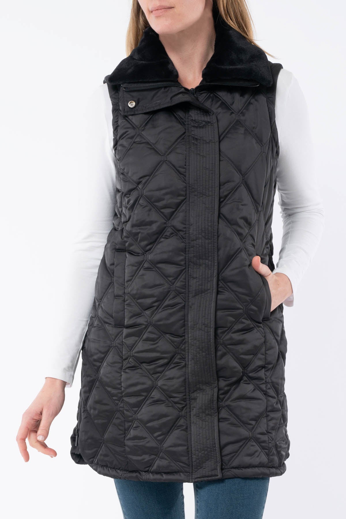 Women's Fur Trim Long Vest Black