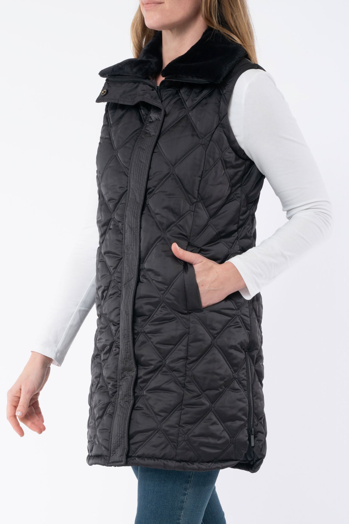 Women's Fur Trim Long Vest Black