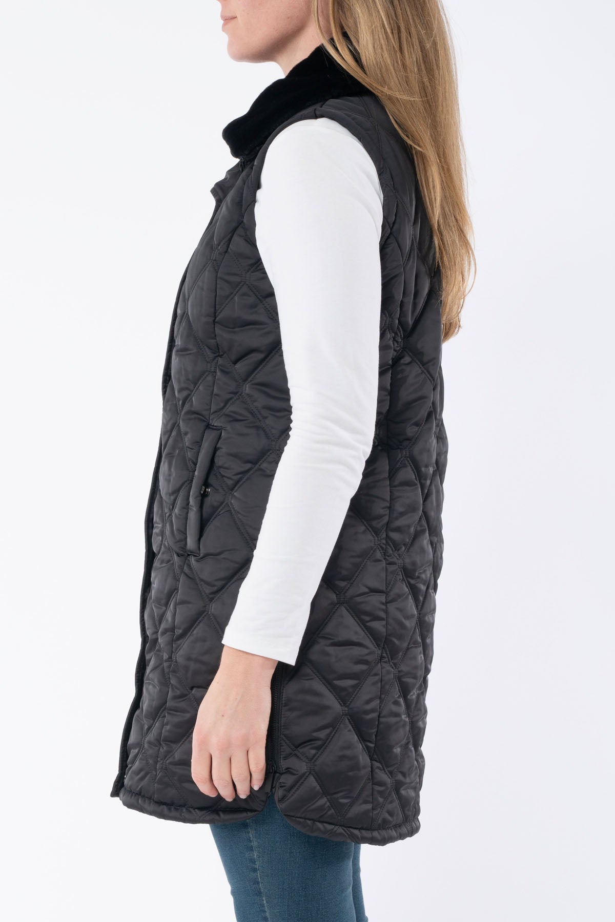 Women's Fur Trim Long Vest Black