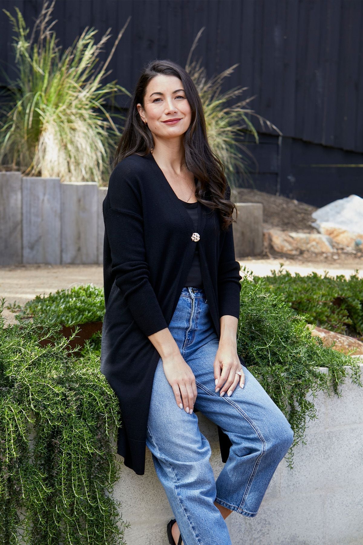 Womens gold button long cardi black 60611075a