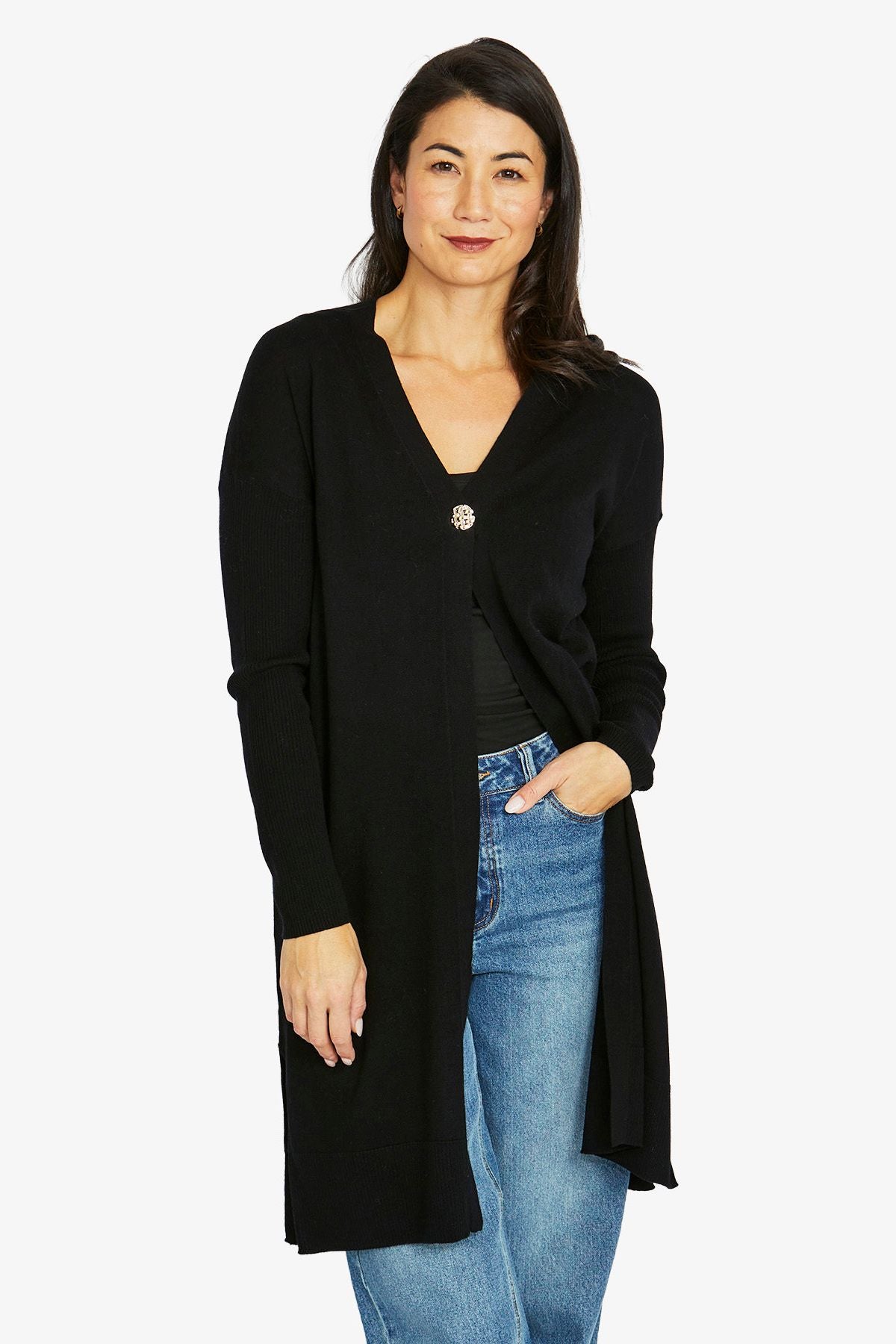 Womens Gold Button Long Cardi Black 60611075a