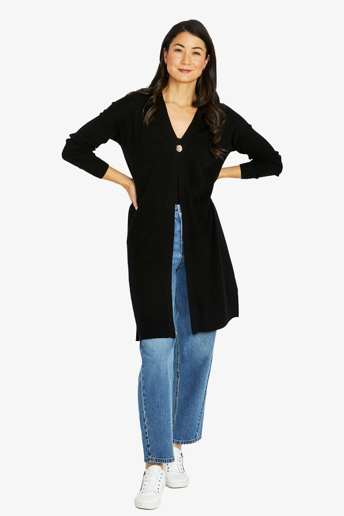 Womens Gold Button Long Cardi Black 60611075a