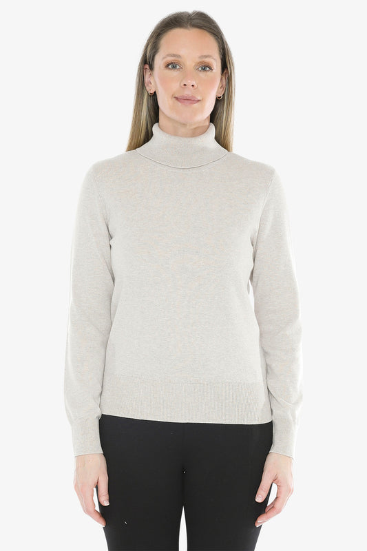Long Sleeve Roll Neck Pullover in Stone Marle