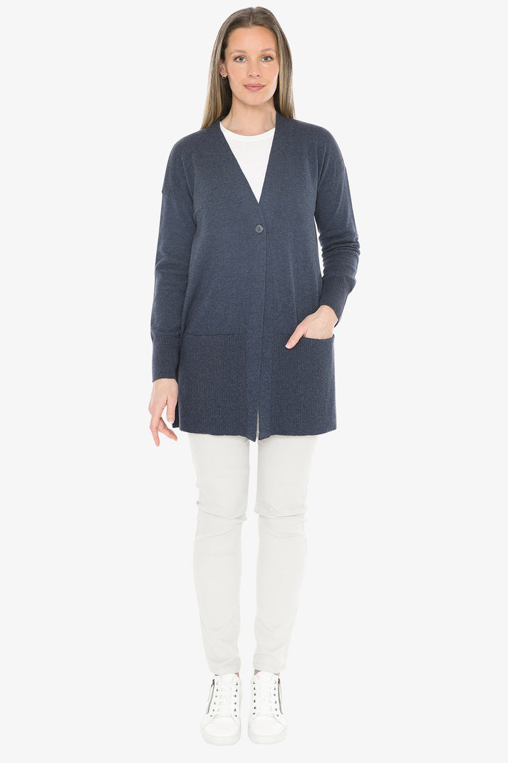 Lindy Longline Knit Cardi - Blue & Tan Colourblock