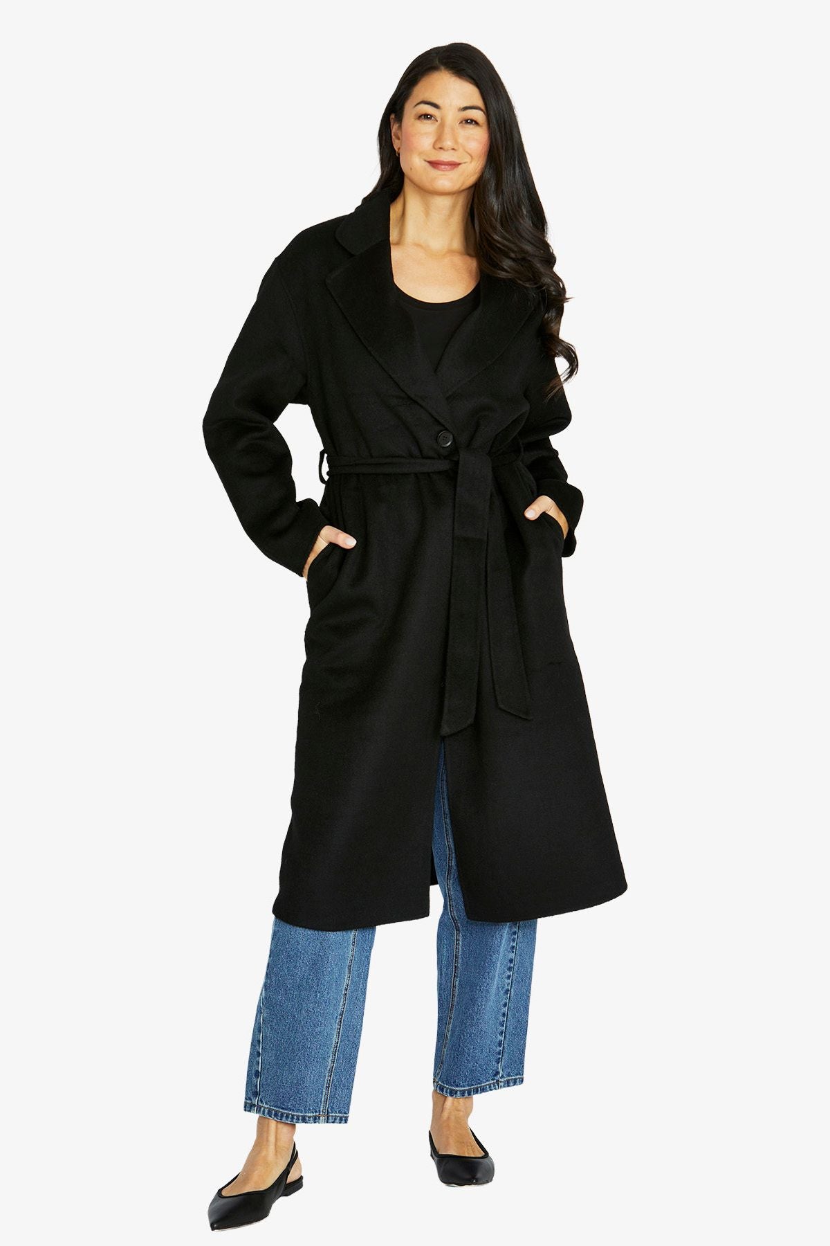 Womens Longline Wrap Coat Black 606j4054a