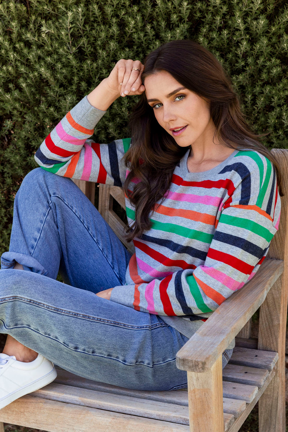 More & More / Damen-Strick / V-Neck Pullover with Stripes