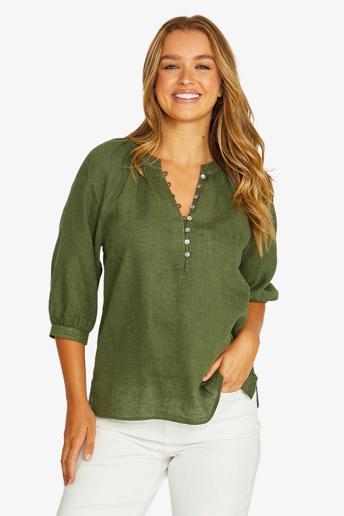 Womens Raglan Button Neck Top Green 616j3112a