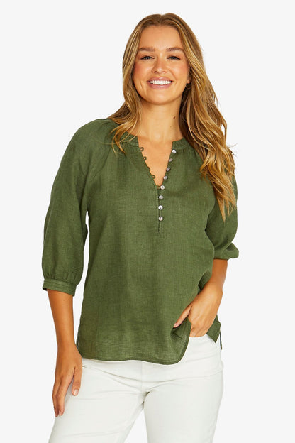 Womens Raglan Button Neck Top Green 616j3112a