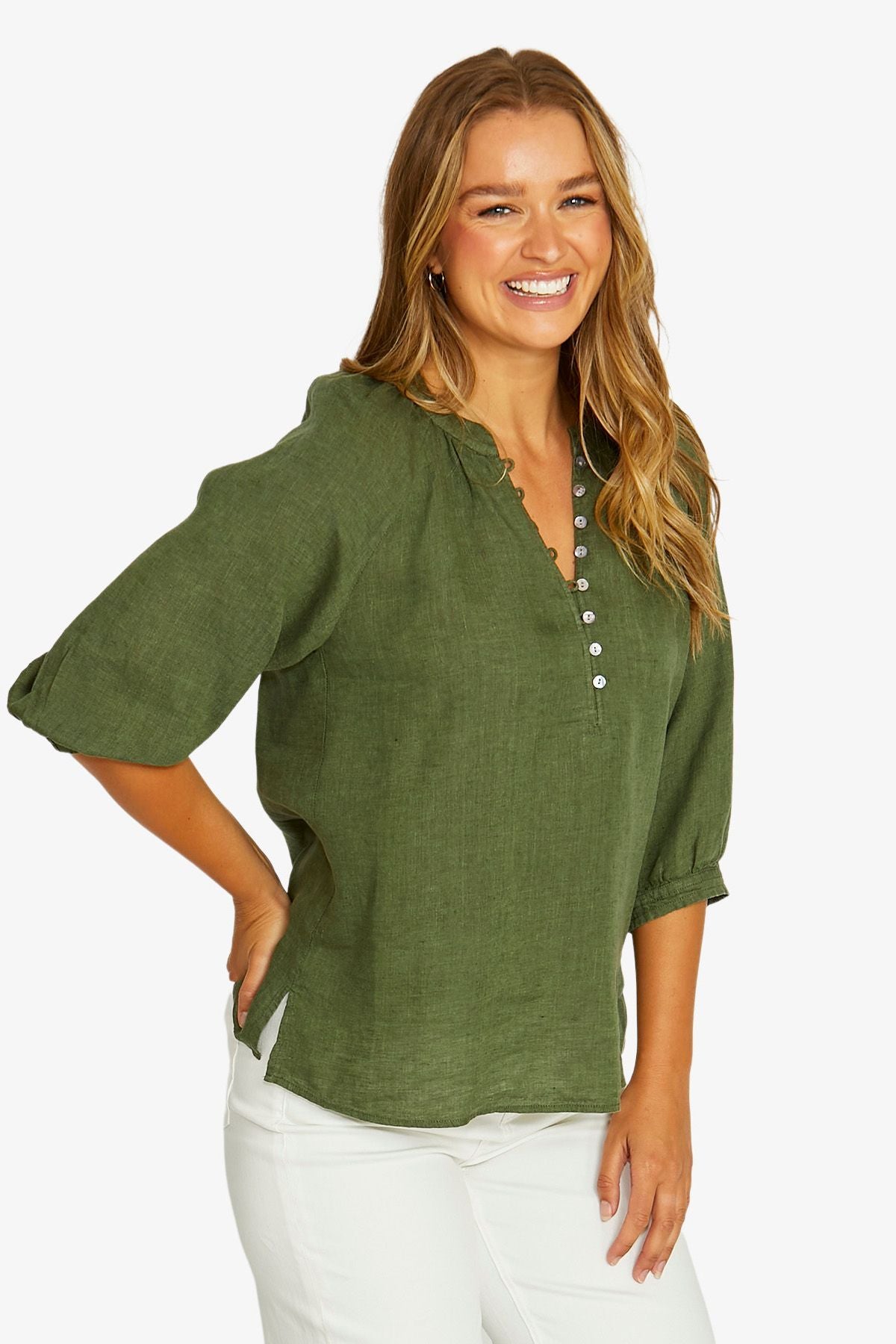 Womens Raglan Button Neck Top Green 616j3112a