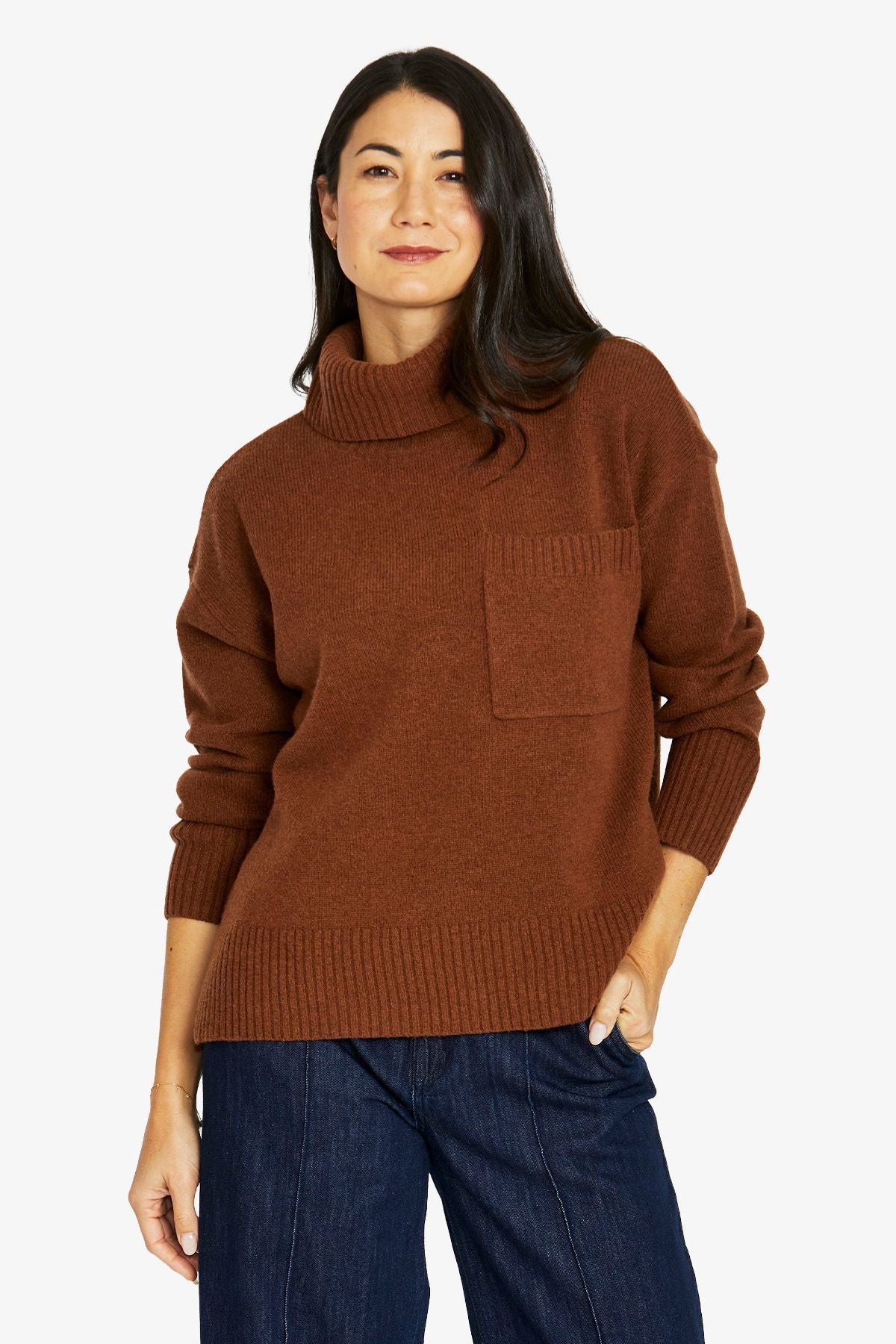 Womens Roll Nk Pkt Pullover Brown 60611009a