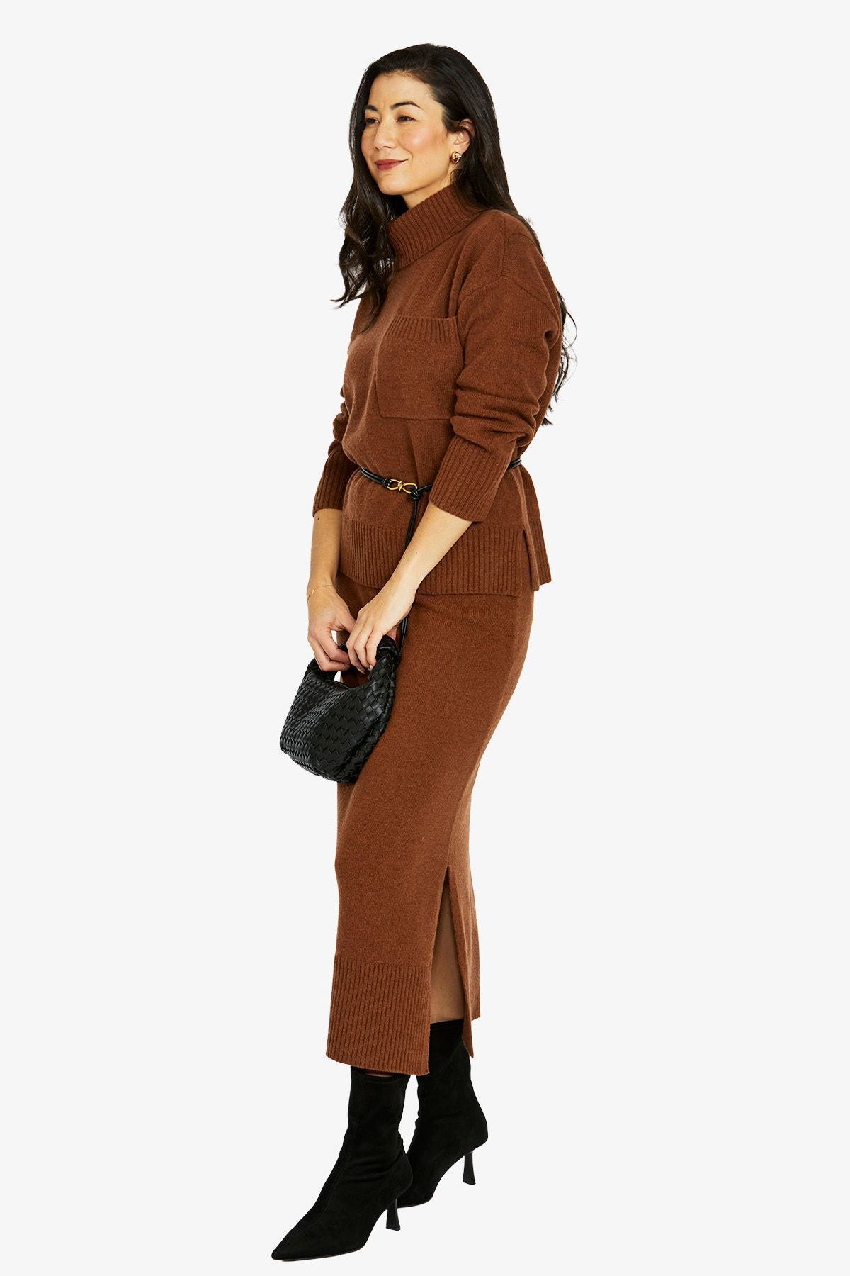Womens Roll Nk Pkt Pullover Brown 60611009a
